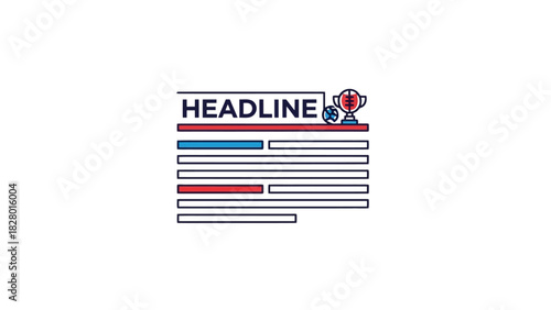 Stylized newspaper article showing a sports headline with a winner's cup and football icon.