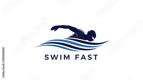 A logo featuring a dark blue silhouette of a swimmer doing freestyle stroke above stylized waves, with the text "SWIM FAST" below.