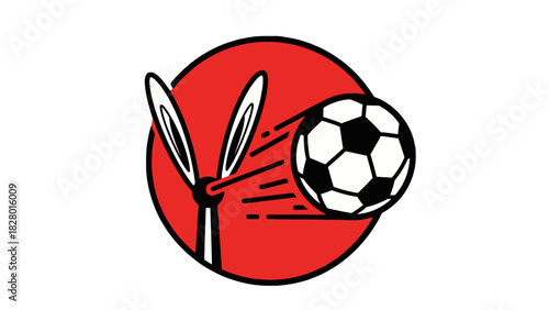A cartoon logo featuring a rabbit kicking a soccer ball with a red background.