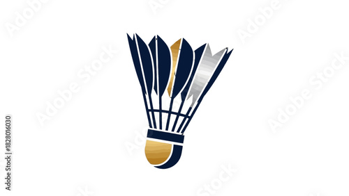 A stylized illustration of a badminton shuttlecock with dark blue and silver feathers and a golden base.