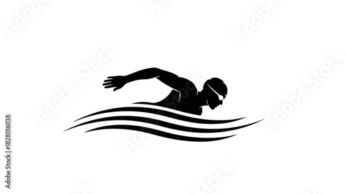 Silhouette of a swimmer in motion, depicted with goggles and streamlined form, gliding through water.