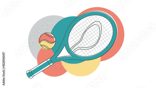Stylized illustration of a tennis racket and ball with a background of colorful circles.