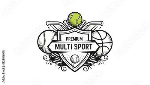 Premium Multi Sport emblem featuring a tennis ball, basketball, and baseball, symbolizing diverse athletic activities.