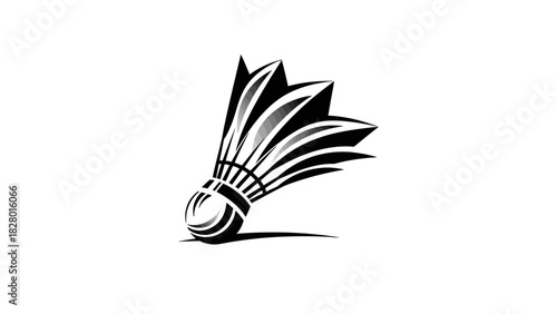 Monochrome illustration of a badminton shuttlecock with detailed feathers.