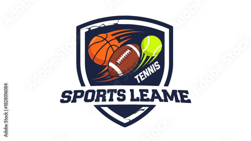 A dynamic sports logo featuring a shield emblem with a basketball, American football, and tennis ball, accompanied by the text 'SPORTS LEAME'.