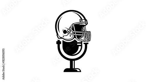 A monochrome logo featuring an American football helmet resting on a vintage broadcast microphone, symbolizing a sports podcast.