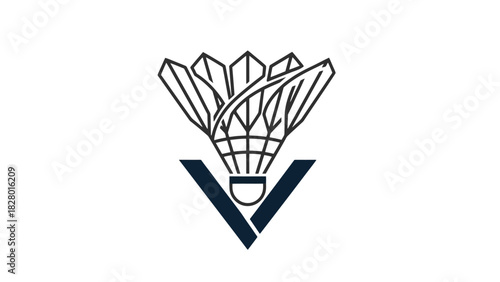A minimalist logo design featuring a line art badminton shuttlecock above a dark blue letter V on a white background.