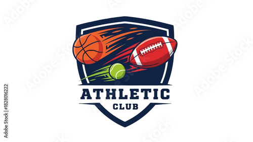 A dynamic logo for an athletic club featuring a basketball, American football, and tennis ball in motion within a blue shield.