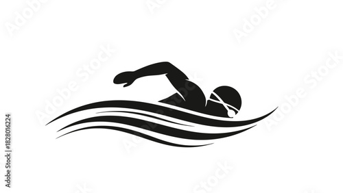 Silhouette of a swimmer in a cap and goggles, moving through stylized water waves.