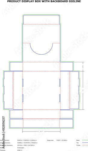 Product Display Box with Backboard Packaging Dieline Template | Retail Counter Display Box with Bleed, Trim & Crease