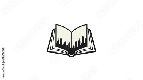 Open book with a silhouette of a city skyline on its pages, representing urban stories or knowledge.
