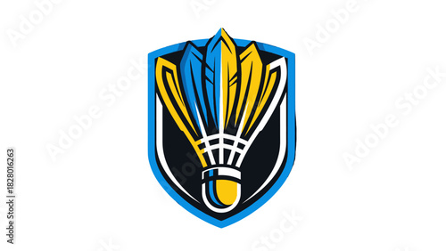 A badminton shuttlecock logo with blue and yellow feathers on a shield background.