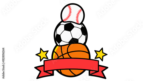 Sports emblem with a stack of baseball, soccer, and basketballs over a blank red banner.
