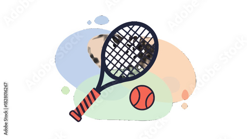 A stylized illustration of a tennis racket and ball, set against a backdrop of abstract colorful shapes.
