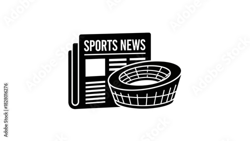 Black and white illustration of a newspaper with the words "Sports News" and a stadium.