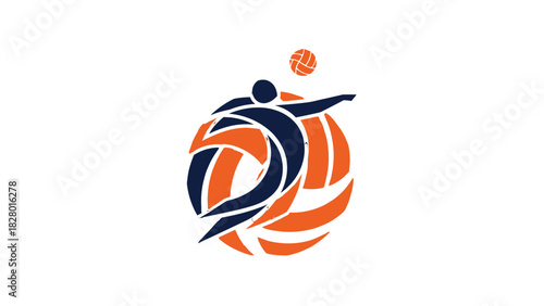 Logo of a volleyball player hitting a ball, stylized with orange and blue colors.