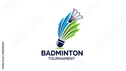 Creative logo design for a badminton tournament featuring a stylized shuttlecock with colorful feathers.