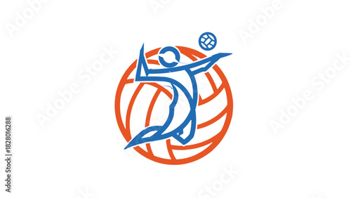 A dynamic blue and white logo depicting a volleyball player in mid-air, spiking a ball, against an orange and white volleyball graphic.