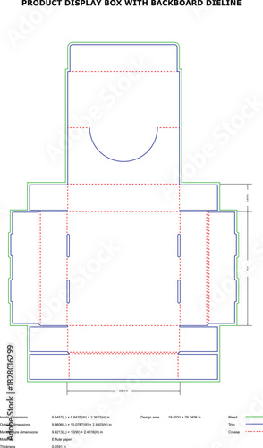 Product Display Box with Backboard Packaging Dieline Template with Bleed, Trim & Crease