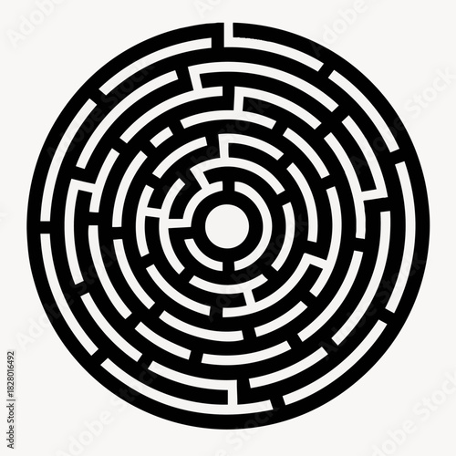 Black and white vector illustration of a confusing round maze labyrinth puzzle concept for the path to a business solution or target success
