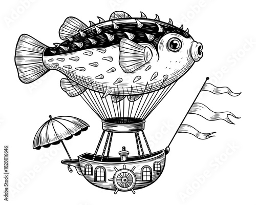 A whimsical illustration of a pufferfish airship with a boat basket and flags in black and white style