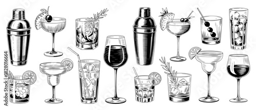 Illustration of various cocktail glasses and cocktail shakers with different garnishes and drinks