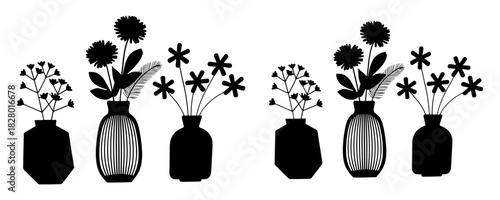 Silhouette of vases with different flower arrangements in black and white illustration style art