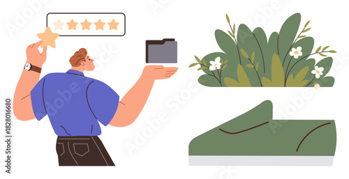 Person holding a star and rating system, a file folder, leafy green plants with flowers, and green footwear design. Ideal for customer feedback, organization, nature, sustainability, eco-fashion