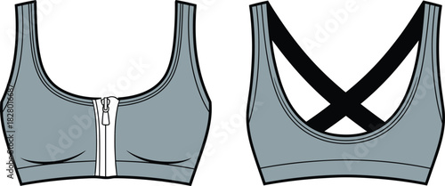Front and back view of a grey sports bra with a zipper and black crisscross straps Keywords: sports bra, athletic bra, fitness