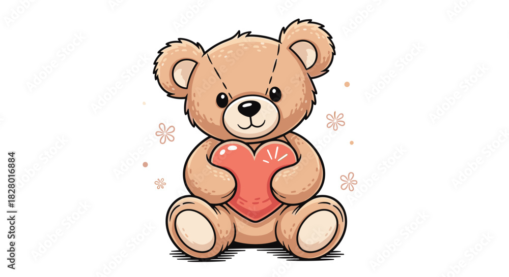 Obraz premium A charming and sweet cartoon teddy bear with detailed line work sitting and holding a large pink heart surrounded by little flowers.