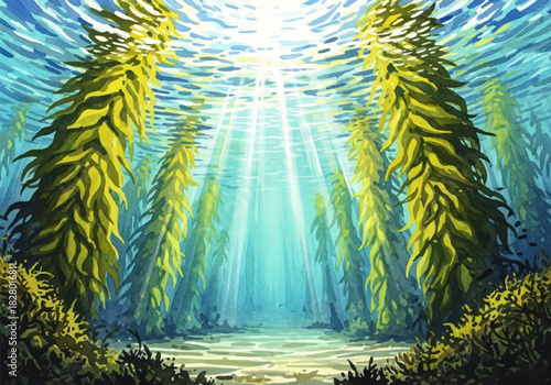 Captivating watercolor illustration of a sunlit underwater kelp forest, a serene aquatic dream