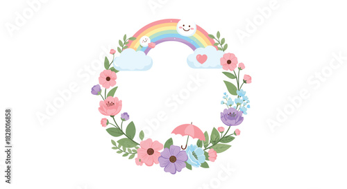 Beautiful floral wreath with a cute rainbow and clouds at the top perfect for a baby shower or birthday invitation design.