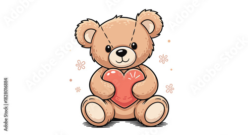 A charming and sweet cartoon teddy bear with detailed line work sitting and holding a large pink heart surrounded by little flowers.