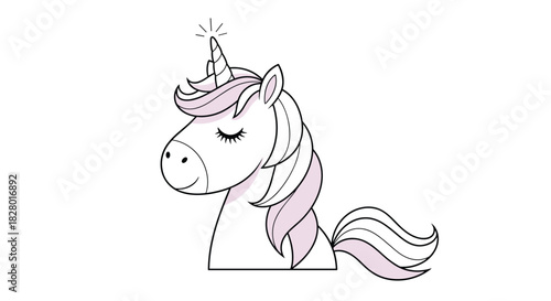 Simple and cute cartoon unicorn head with a sparkling horn and lovely purple mane isolated on a clean white background illustration.