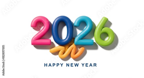 Colorful 2026 numbers and happy new year text isolated on white background