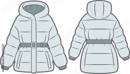 Front and back view of a light grey puffer jacket with hood and belt down jacket coat