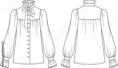 Front and back view of a white line art blouse with ruffled collar and bow tie shirt garment