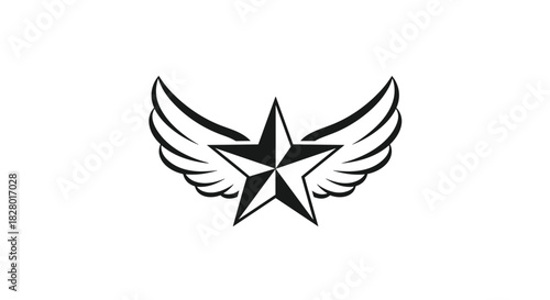 Bold black and white tattoo-style graphic of a five-pointed star with elegant feathered wings spreading out on either side.