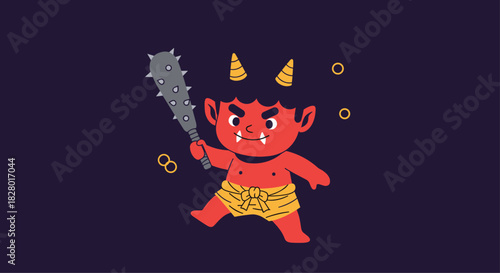 Cute cartoon illustration of a red Japanese oni demon with horns holding a spiked club for the Setsubun festival celebration.