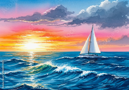 Majestic Ocean Sunset with Serene Sailboat, a Vibrant Watercolor Painting Capturing Tranquil Seascape Art
