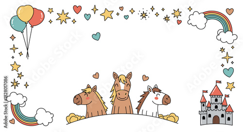 Adorable fairy tale frame for children featuring cute horses a castle rainbows and stars with copy space in the middle illustration.