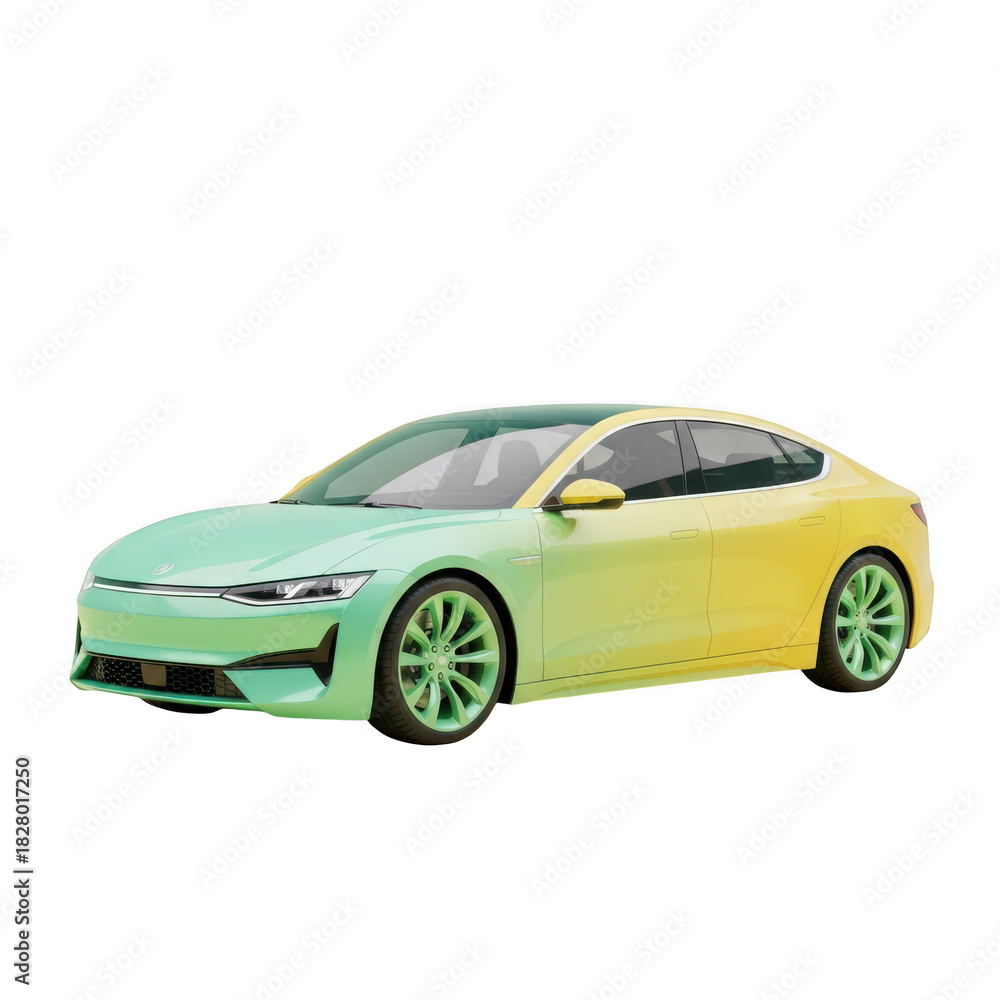 Naklejka premium Sleek modern electric sedan with a gradient paint job isolated on transparent background