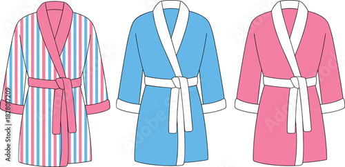 Three cartoon bathrobes in pink blue and striped patterns on white background dressing gown loungewear