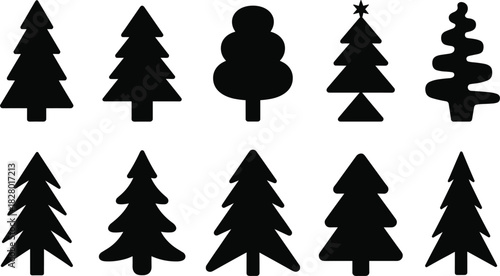 Collection of black silhouette Christmas tree icons with varied designs Keywords: Christmas tree