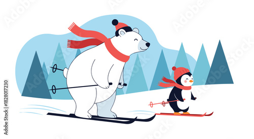 Cute cartoon polar bear and penguin friends skiing together in a snowy winter landscape wearing warm hats and scarves.