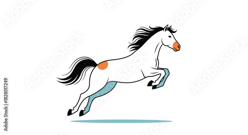 Stylized and modern cartoon illustration of a colorful horse with blue legs jumping in the air on a plain white background.