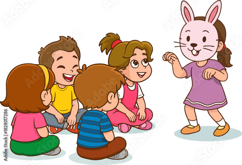 Vector illustration of children playing fun games together. A child wearing a bunny mask imitates a rabbit. Vector illustration.