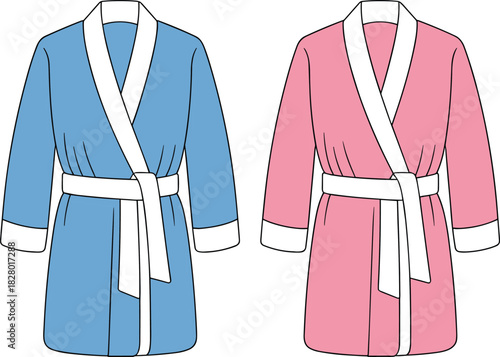 Two cartoon style bathrobes one blue and one pink with white trim and belts dressing gown loungewear