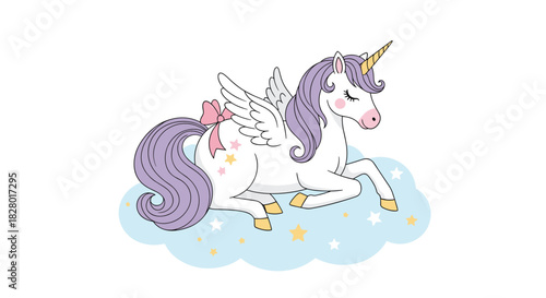 Beautiful winged unicorn with a purple mane and golden horn resting on a soft blue cloud decorated with little yellow stars.