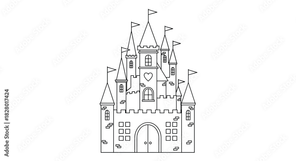 Fototapeta premium Simple black and white line art illustration of a magical fairy tale castle with many towers and flags for a coloring book.